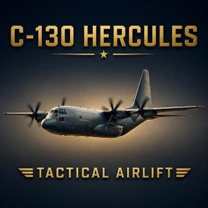 K&ouml;nnte beinhalten: Ein graues C-130 Hercules Milit&auml;rtransportflugzeug im Flug. Der Text C-130 HERCULES erscheint in Gold oben, mit einem kleinen Stern darunter. Der Text TACTICAL AIRLIFT erscheint in Gold unten mit stilisierten Fl&uuml;gel-Symbolen auf beiden Seiten.