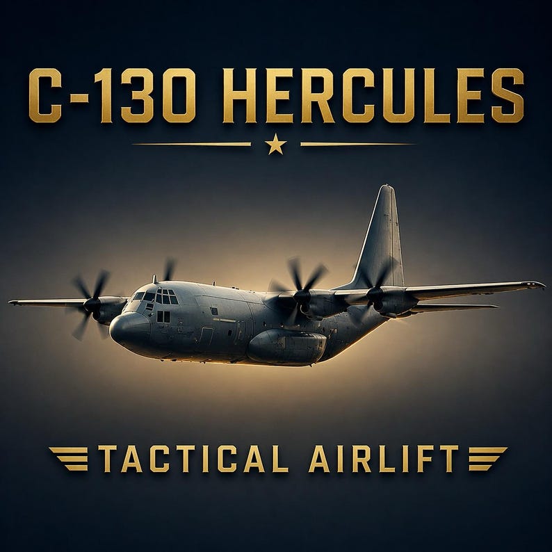K&ouml;nnte beinhalten: Ein graues C-130 Hercules Milit&auml;rtransportflugzeug im Flug. Der Text C-130 HERCULES erscheint in Gold oben, mit einem kleinen Stern darunter. Der Text TACTICAL AIRLIFT erscheint in Gold unten mit stilisierten Fl&uuml;gel-Symbolen auf beiden Seiten.