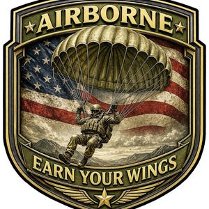 May include: A shield-shaped emblem featuring a paratrooper descending with a parachute against a United States flag background. The top banner reads AIRBORNE and the bottom banner reads EARN YOUR WINGS, with a gold star and wings at the base.