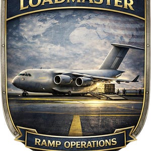 Puede incluir: Un emblema en forma de escudo con un avi&oacute;n de carga militar gris en una pista. El texto LOADMASTER aparece en la parte superior y RAMP OPERATIONS en la inferior. Un mapa mundial y una bandera estadounidense se superponen al fondo.