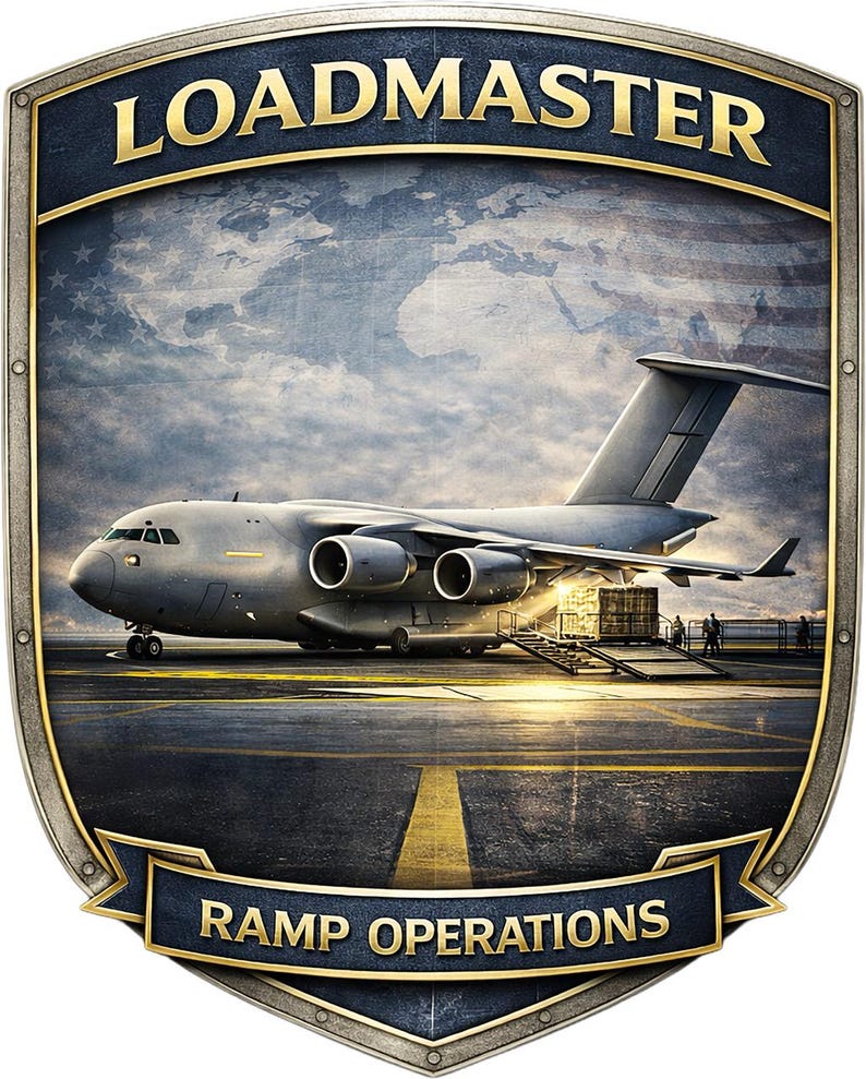 Puede incluir: Un emblema en forma de escudo con un avi&oacute;n de carga militar gris en una pista. El texto LOADMASTER aparece en la parte superior y RAMP OPERATIONS en la inferior. Un mapa mundial y una bandera estadounidense se superponen al fondo.