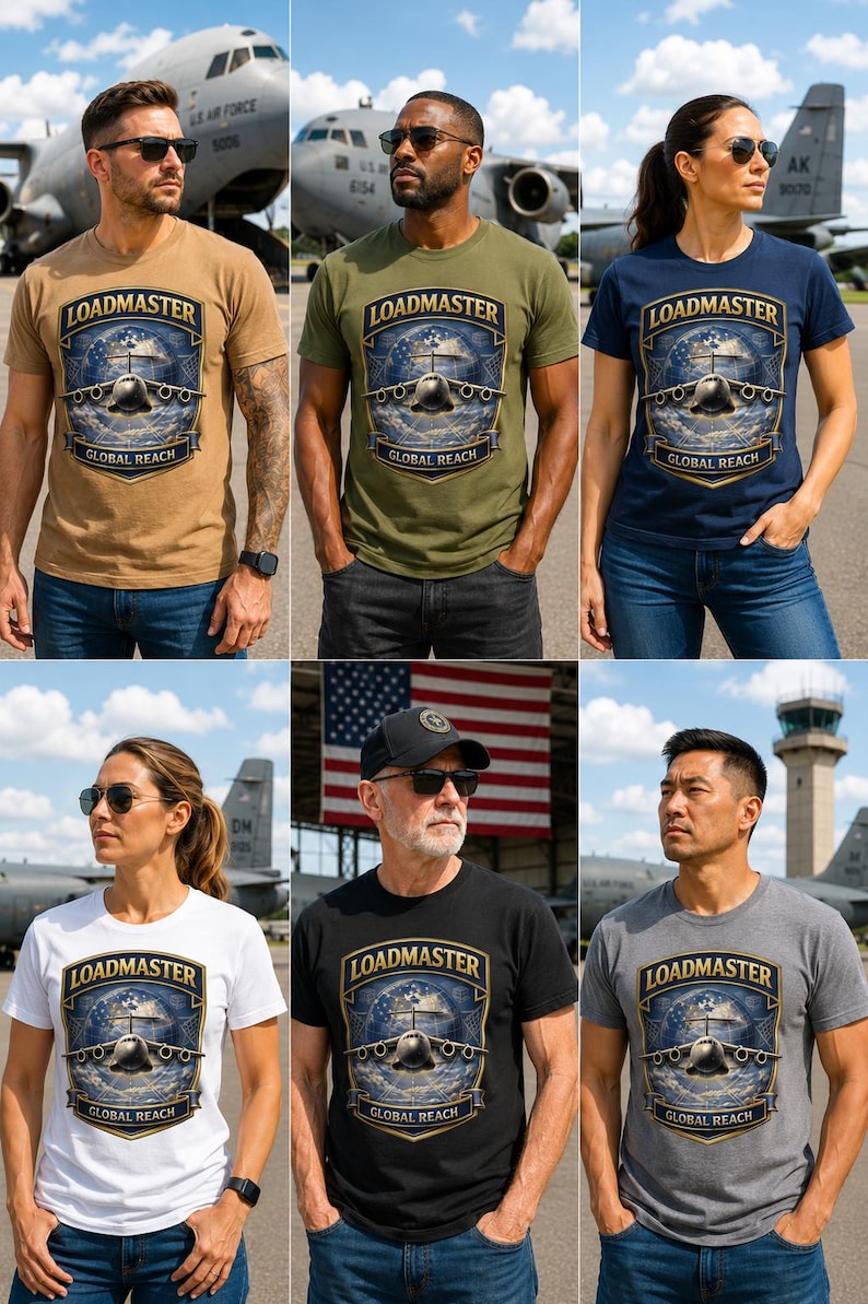 Puede incluir: Una camiseta de manga corta y cuello redondo con un estampado gr&aacute;fico de un avi&oacute;n de transporte militar centrado en un emblema de escudo. El texto LOADMASTER aparece arqueado sobre el avi&oacute;n, con GLOBAL REACH impreso en la parte inferior.