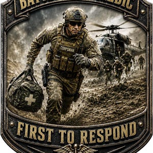 May include: A rectangular sign featuring a battlefield medic in camouflage gear running with a medical bag. The text reads BATTLEFIELD MEDIC and FIRST TO RESPOND. A helicopter and soldiers are in the background, with a caduceus symbol at the bottom.