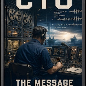 May include: A framed poster featuring the text CTO THE MESSAGE GETS THROUGH. It depicts a person in a dark blue uniform wearing headphones at a communications console with reel-to-reel tape decks, monitors, and a microphone, overlooking naval ships.