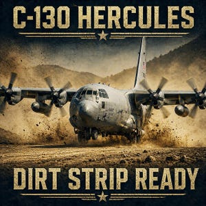 K&ouml;nnte beinhalten: Ein C-130 Hercules Milit&auml;rtransportflugzeug rollt auf einer unbefestigten Piste und wirbelt mit seinen vier Propellern Staub auf. Der Text C-130 HERCULES steht oben und DIRT STRIP READY unten in einer abgenutzten, fetten, beigen Schrift.