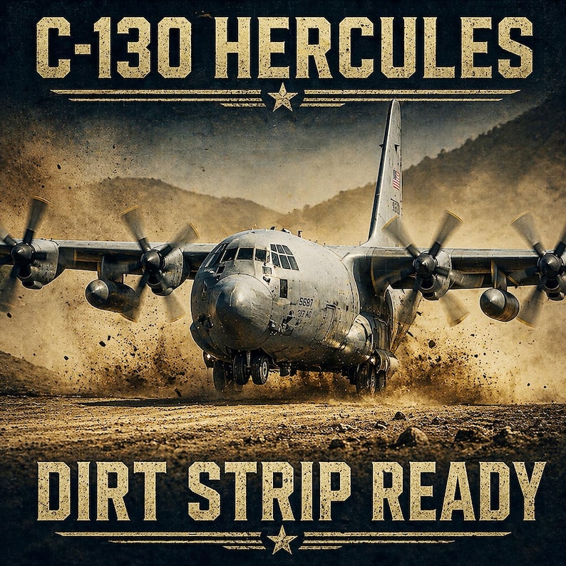 K&ouml;nnte beinhalten: Ein C-130 Hercules Milit&auml;rtransportflugzeug rollt auf einer unbefestigten Piste und wirbelt mit seinen vier Propellern Staub auf. Der Text C-130 HERCULES steht oben und DIRT STRIP READY unten in einer abgenutzten, fetten, beigen Schrift.