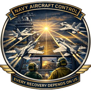 May include: A circular emblem featuring the text NAVY AIRCRAFT CONTROL at the top and EVERY RECOVERY DEPENDS ON US at the bottom. The design shows two individuals in headsets monitoring radar screens as fighter jets take off from a carrier deck.