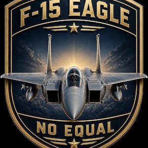 May include: A shield-shaped emblem featuring an F-15 Eagle fighter jet against a backdrop of a sunset sky. The text "F-15 EAGLE" and "NO EQUAL" are displayed in gold lettering. The emblem has a gold border and stars.