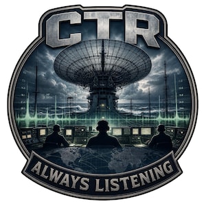 May include: A circular emblem featuring the text CTR at the top and ALWAYS LISTENING at the bottom. The design depicts three figures wearing headsets at a control console, overlooking a large satellite dish, stormy ocean, and radio wave graphs.