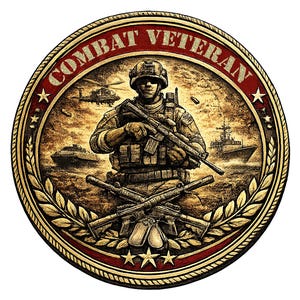 May include: A circular emblem with a soldier holding a rifle, surrounded by military vehicles and the text "COMBAT VETERAN." The design features a red and gold color scheme with stars and laurel leaves, creating a patriotic and commemorative feel.