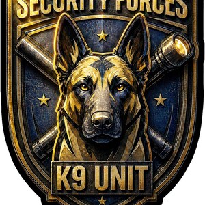 May include: A shield-shaped emblem featuring a German Shepherd head in gold and black. The text SECURITY FORCES appears at the top and K9 UNIT at the bottom. Crossed batons and a flashlight are visible behind the dog, accented by four gold stars.
