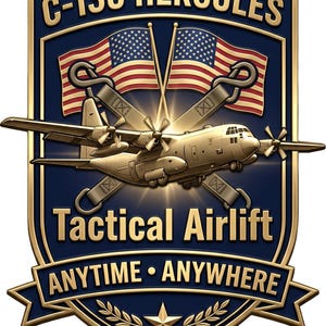 K&ouml;nnte beinhalten: Ein schildf&ouml;rmiges Emblem mit einem goldenen C-130 Hercules Flugzeug, zwei gekreuzten amerikanischen Flaggen und goldener Schrift mit C-130 HERCULES, Tactical Airlift und ANYTIME ANYWHERE auf dunkelblauem Grund mit goldenem Rand.
