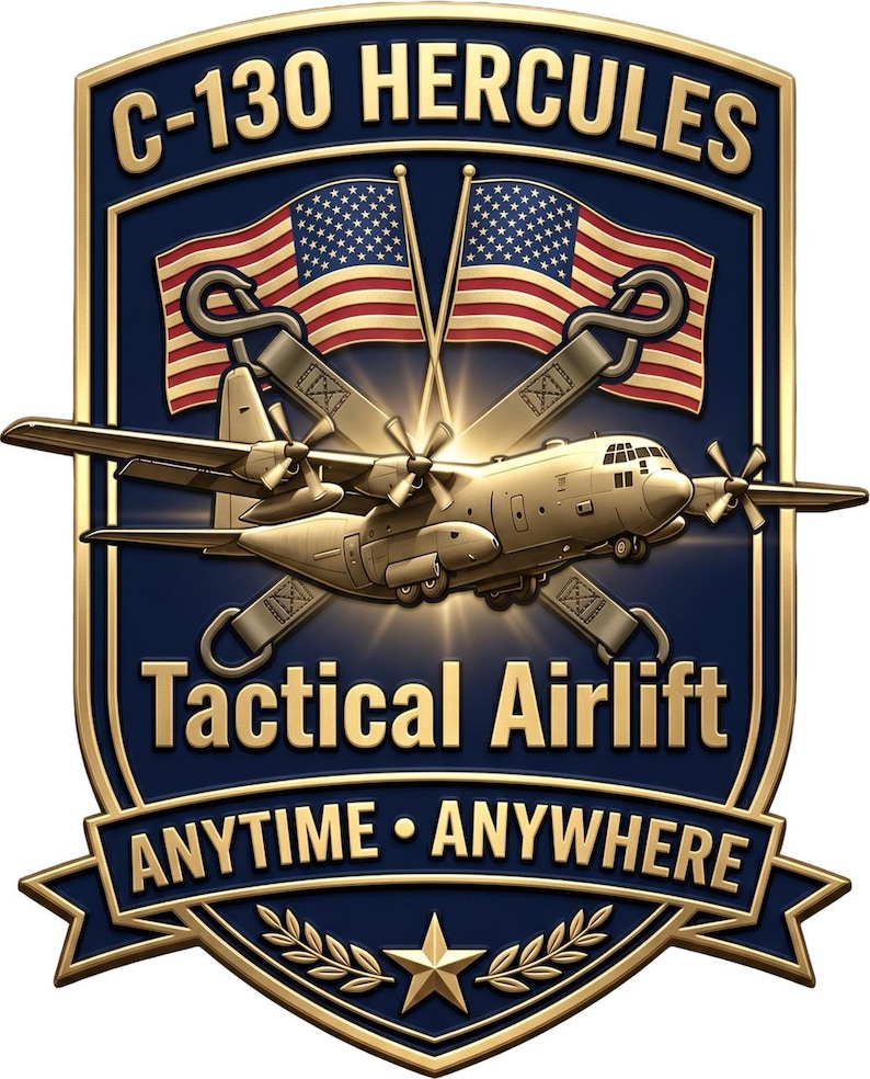 K&ouml;nnte beinhalten: Ein schildf&ouml;rmiges Emblem mit einem goldenen C-130 Hercules Flugzeug, zwei gekreuzten amerikanischen Flaggen und goldener Schrift mit C-130 HERCULES, Tactical Airlift und ANYTIME ANYWHERE auf dunkelblauem Grund mit goldenem Rand.