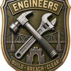 May include: A shield-shaped emblem featuring a metallic hammer and adjustable wrench crossed over a bridge and castle gate design. The top banner reads ENGINEERS and the bottom banner reads BUILD • BREACH • CLEAR in gold lettering on olive green.