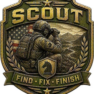 May include: A shield-shaped emblem featuring a soldier in tactical gear using binoculars, with an American flag, a mountain landscape, and a horse emblem. The text SCOUT is at the top, and FIND • FIX • FINISH is on a banner at the bottom.