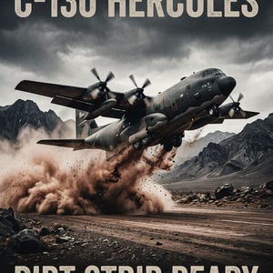 K&ouml;nnte beinhalten: Ein C-130 Hercules Milit&auml;rtransportflugzeug startet von einer unbefestigten Piste und wirbelt eine gro&szlig;e Staubwolke auf. Der Text C-130 HERCULES steht oben und DIRT STRIP READY unten vor einem Hintergrund aus dunklem, bew&ouml;lktem Himmel.