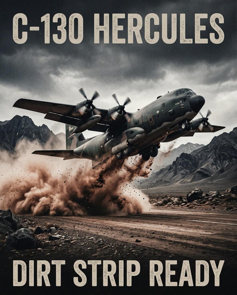 K&ouml;nnte beinhalten: Ein C-130 Hercules Milit&auml;rtransportflugzeug startet von einer unbefestigten Piste und wirbelt eine gro&szlig;e Staubwolke auf. Der Text C-130 HERCULES steht oben und DIRT STRIP READY unten vor einem Hintergrund aus dunklem, bew&ouml;lktem Himmel.