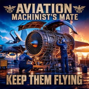 May include: An image featuring the text "AVIATION MACHINIST'S MATE" above a large jet engine being worked on by several people in blue uniforms. The text "KEEP THEM FLYING" is at the bottom. A fighter jet is in the background.