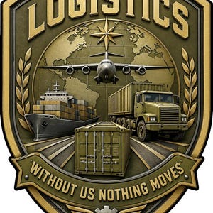 May include: A shield-shaped emblem in olive green and gold featuring a globe, a cargo plane, a container ship, a semi-truck, and a shipping container. The text LOGISTICS appears at the top, and WITHOUT US NOTHING MOVES is at the bottom.