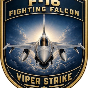 May include: A shield-shaped emblem featuring a front-facing F-16 Fighting Falcon jet against a cloudy sky. The text F-16 FIGHTING FALCON appears at the top, and VIPER STRIKE is at the bottom, with a gold star centered below the text in a gold frame.