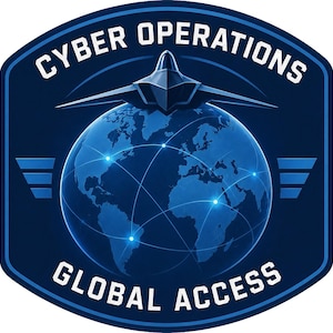 May include: A dark blue shield-shaped patch featuring a stylized fighter jet silhouette above a globe with glowing white network connection lines. The text CYBER OPERATIONS is arched at the top and GLOBAL ACCESS is at the bottom in white font.