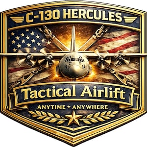 May include: A shield-shaped emblem featuring a C-130 Hercules aircraft centered over a United States flag. The text reads C-130 HERCULES, Tactical Airlift, and ANYTIME + ANYWHERE. The design includes gold-toned metallic accents, chains, and a star.