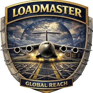 Puede incluir: Un emblema en forma de escudo que presenta un avi&oacute;n de carga centrado en una pista. La pancarta superior dice LOADMASTER en letras doradas y la inferior dice GLOBAL REACH. El fondo muestra un globo terr&aacute;queo con nubes y un borde met&aacute;lico.