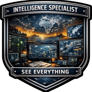 May include: A shield-shaped emblem featuring the text INTELLIGENCE SPECIALIST at the top and SEE EVERYTHING at the bottom. The center displays a dark, digital command center with multiple monitors showing radar, maps, and data, set against a world map.