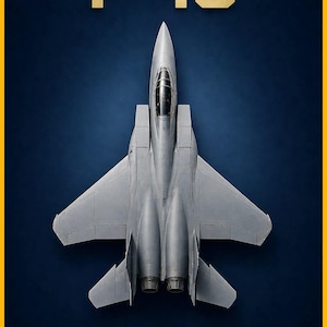 May include: A top-down view of a grey F-15 Eagle fighter jet centered on a dark blue background. The text F-15 appears in gold above the aircraft, and the word EAGLE appears in gold below the aircraft, all framed by a thin gold border.