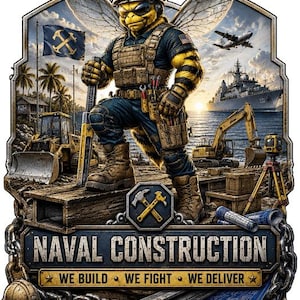 May include: A graphic illustration of a bee wearing a tactical vest and hard hat, standing on a steel beam. The scene includes construction equipment, a naval ship, and a flag. Text reads: NAVAL CONSTRUCTION, WE BUILD, WE FIGHT, WE DELIVER.