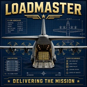K&ouml;nnte beinhalten: Eine technische Illustration eines C-130 Hercules Flugzeugs mit dem Text LOADMASTER und DELIVERING THE MISSION. Die Grafik zeigt Spezifikationen wie eine Spannweite von 40,42 m, eine L&auml;nge von 29,79 m, eine H&ouml;he von 11,85 m und eine Nutzlast von 19.051 kg.