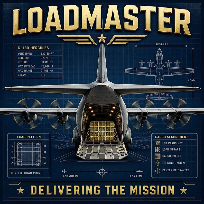 K&ouml;nnte beinhalten: Eine technische Illustration eines C-130 Hercules Flugzeugs mit dem Text LOADMASTER und DELIVERING THE MISSION. Die Grafik zeigt Spezifikationen wie eine Spannweite von 40,42 m, eine L&auml;nge von 29,79 m, eine H&ouml;he von 11,85 m und eine Nutzlast von 19.051 kg.