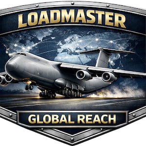 May include: A metallic shield-shaped emblem featuring a large grey cargo aircraft taking off from a runway. The text LOADMASTER is at the top and GLOBAL REACH is at the bottom in gold lettering. A dark blue world map background is visible behind the plane.