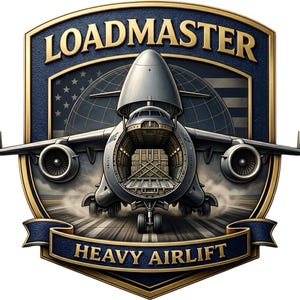 Puede incluir: Un emblema en forma de escudo con borde azul oscuro y dorado, con el texto LOADMASTER arriba y HEAVY AIRLIFT abajo. Un avi&oacute;n de carga gris con la puerta de morro abierta sobre una pista, con un globo terr&aacute;queo y la bandera de EE. UU. de fondo.