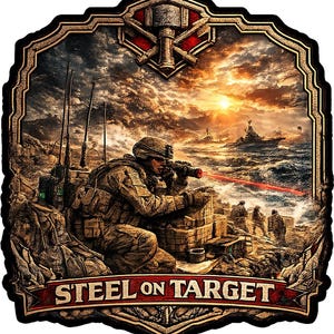 May include: A rectangular wall sign featuring a soldier in tactical gear aiming a weapon with a red laser sight at a naval fleet on a stormy sea. The scene includes a sunset, rocky terrain, and a banner at the bottom with the text STEEL ON TARGET.