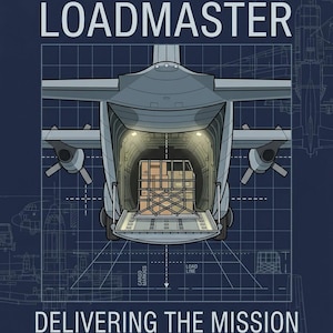 K&ouml;nnte beinhalten: Eine grafische Darstellung eines milit&auml;rischen Transportflugzeugs mit ge&ouml;ffneter Heckladeluke, die eine Palette mit gestapelten Kisten im Inneren zeigt. Der Text LOADMASTER steht oben und DELIVERING THE MISSION unten auf einem dunkelblauen Raster.