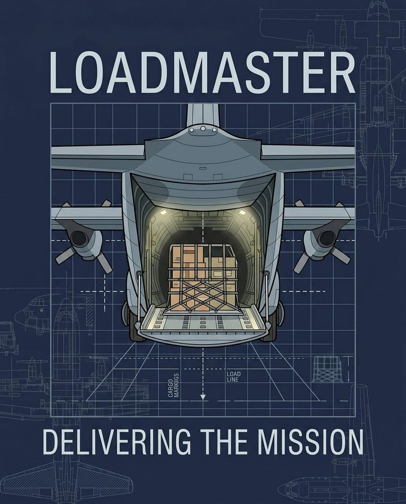K&ouml;nnte beinhalten: Eine grafische Darstellung eines milit&auml;rischen Transportflugzeugs mit ge&ouml;ffneter Heckladeluke, die eine Palette mit gestapelten Kisten im Inneren zeigt. Der Text LOADMASTER steht oben und DELIVERING THE MISSION unten auf einem dunkelblauen Raster.