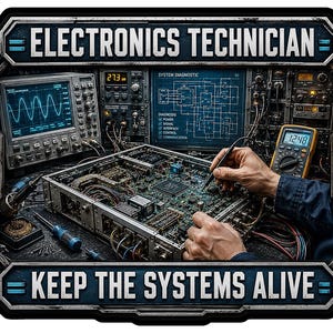 May include: A rectangular sign featuring the text "ELECTRONICS TECHNICIAN" and "KEEP THE SYSTEMS ALIVE." The image depicts a circuit board being tested with a probe, surrounded by diagnostic equipment, an oscilloscope, and a digital multimeter.