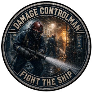 May include: A circular emblem featuring firefighters in dark protective gear and red helmets spraying water in a ship corridor. The text DAMAGE CONTROLMAN is arched at the top, and FIGHT THE SHIP is at the bottom. A sign reads MAIN FIRE ZONE.