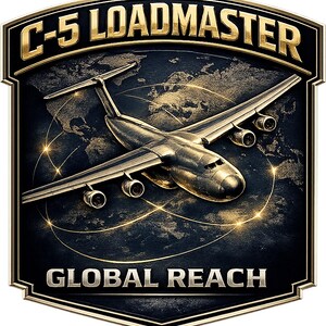 May include: A shield-shaped emblem featuring a metallic C-5 aircraft flying over a dark world map. The text C-5 LOADMASTER is at the top in gold, and GLOBAL REACH is at the bottom in silver. Thin gold lines trace flight paths across the globe.