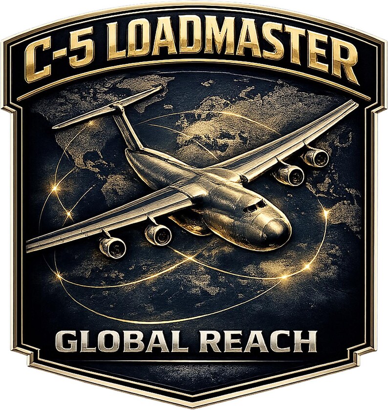 May include: A shield-shaped emblem featuring a metallic C-5 aircraft flying over a dark world map. The text C-5 LOADMASTER is at the top in gold, and GLOBAL REACH is at the bottom in silver. Thin gold lines trace flight paths across the globe.