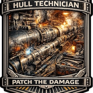 May include: A shield-shaped emblem featuring a metallic frame with crossed wrenches at the top. The center depicts a dark, industrial scene of pipes with sparks from welding. Text reads HULL TECHNICIAN at the top and PATCH THE DAMAGE at the bottom.
