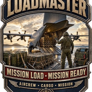 May include: A decorative sign featuring the text LOADMASTER at the top and MISSION LOAD - MISSION READY in the center. The image depicts a military transport aircraft with an open cargo ramp, loaded pallets, and a crew member in olive green gear.