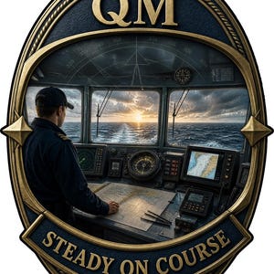 May include: An oval-shaped decorative plaque featuring a nautical scene of a bridge with a person looking at a sunset over the ocean. The frame is dark blue with gold accents, displaying the letters QM at the top and the text STEADY ON COURSE.