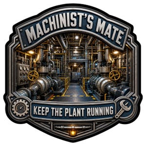 May include: A decorative sign featuring a metallic frame with the text "MACHINIST'S MATE" and "KEEP THE PLANT RUNNING." The center displays an industrial factory interior with silver pipes, yellow valves, and machinery on a dark metal floor.
