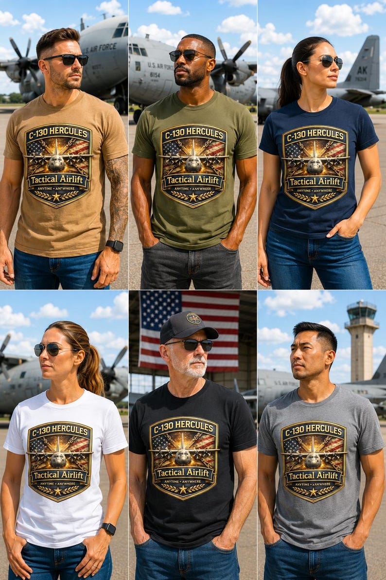 K&ouml;nnte beinhalten: Ein kurz&auml;rmeliges T-Shirt mit einem grafischen Emblem eines C-130 Hercules Flugzeugs und dem Text C-130 HERCULES, Tactical Airlift sowie ANYTIME ANYWHERE. Das Design zeigt einen US-Flaggenhintergrund, gekreuzte Propeller und einen goldenen Stern.