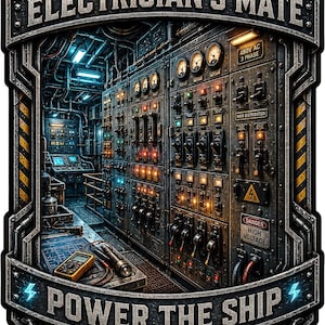 May include: A rectangular sticker featuring a detailed industrial electrical control room with gauges, switches, and warning labels. The text reads ELECTRICIAN'S MATE at the top and POWER THE SHIP at the bottom, with a lightning bolt and anchor emblem.