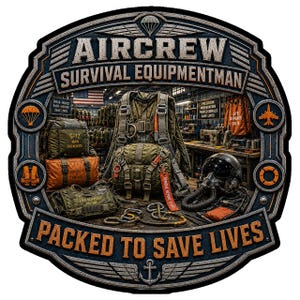 May include: A circular emblem featuring the text AIRCREW SURVIVAL EQUIPMENTMAN and PACKED TO SAVE LIVES. The design displays olive green survival gear, a parachute pack, a flight helmet with oxygen mask, and orange safety equipment in a workshop.