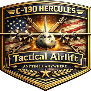 K&ouml;nnte beinhalten: Ein schildf&ouml;rmiges Emblem mit einem C-130 Hercules Flugzeug, das &uuml;ber einer Flagge der Vereinigten Staaten zentriert ist. Der Text lautet C-130 HERCULES, Tactical Airlift und ANYTIME + ANYWHERE. Das Design enth&auml;lt goldfarbene metallische Akzente, Ketten und einen Stern.