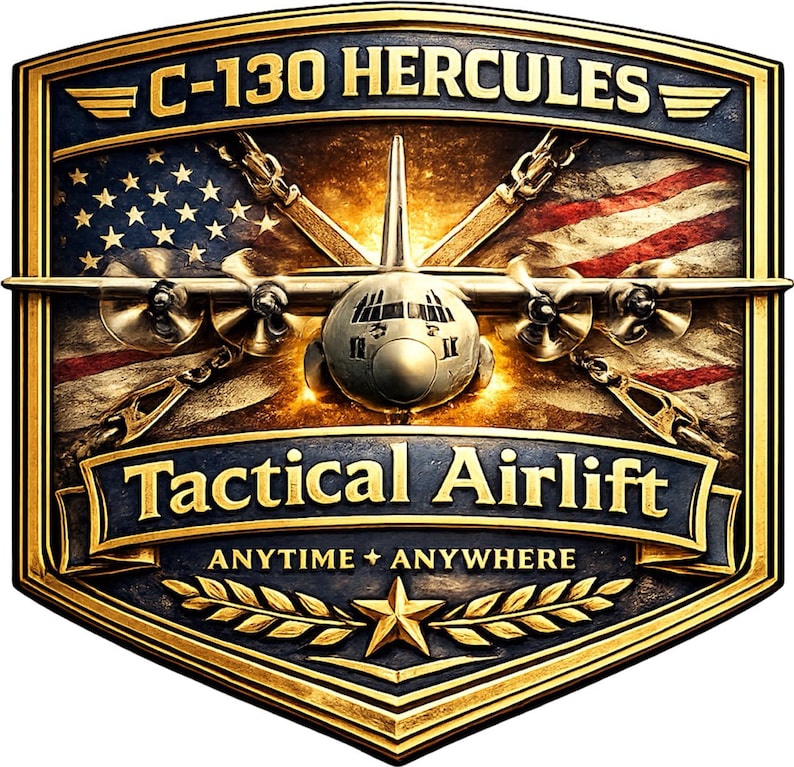 K&ouml;nnte beinhalten: Ein schildf&ouml;rmiges Emblem mit einem C-130 Hercules Flugzeug, das &uuml;ber einer Flagge der Vereinigten Staaten zentriert ist. Der Text lautet C-130 HERCULES, Tactical Airlift und ANYTIME + ANYWHERE. Das Design enth&auml;lt goldfarbene metallische Akzente, Ketten und einen Stern.